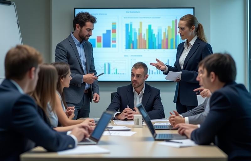 Group of professionals discussing finance charts in a meeting room.