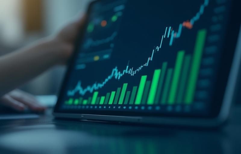 Financial chart showing positive growth trend on a screen.